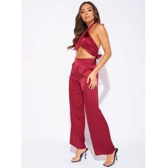 Burgundy Satin Halter Neck Crop Top and High Waist Wide Leg Pants Two Piece Set - Picture 7 of 11